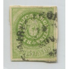 ARGENTINA 1862 GJ 11 ESCUDITO DE 10 Cts. ESTAMPILLA USADA CON MINIMO ADELGAZAMIENTO U$ 275